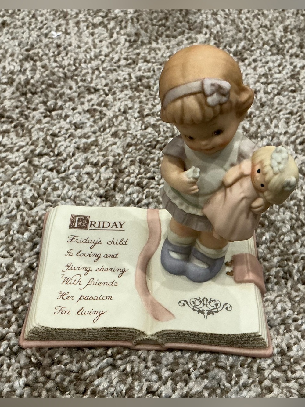 Porcelain Figurine Girl with Doll on Book - Pastel Pink & Cream